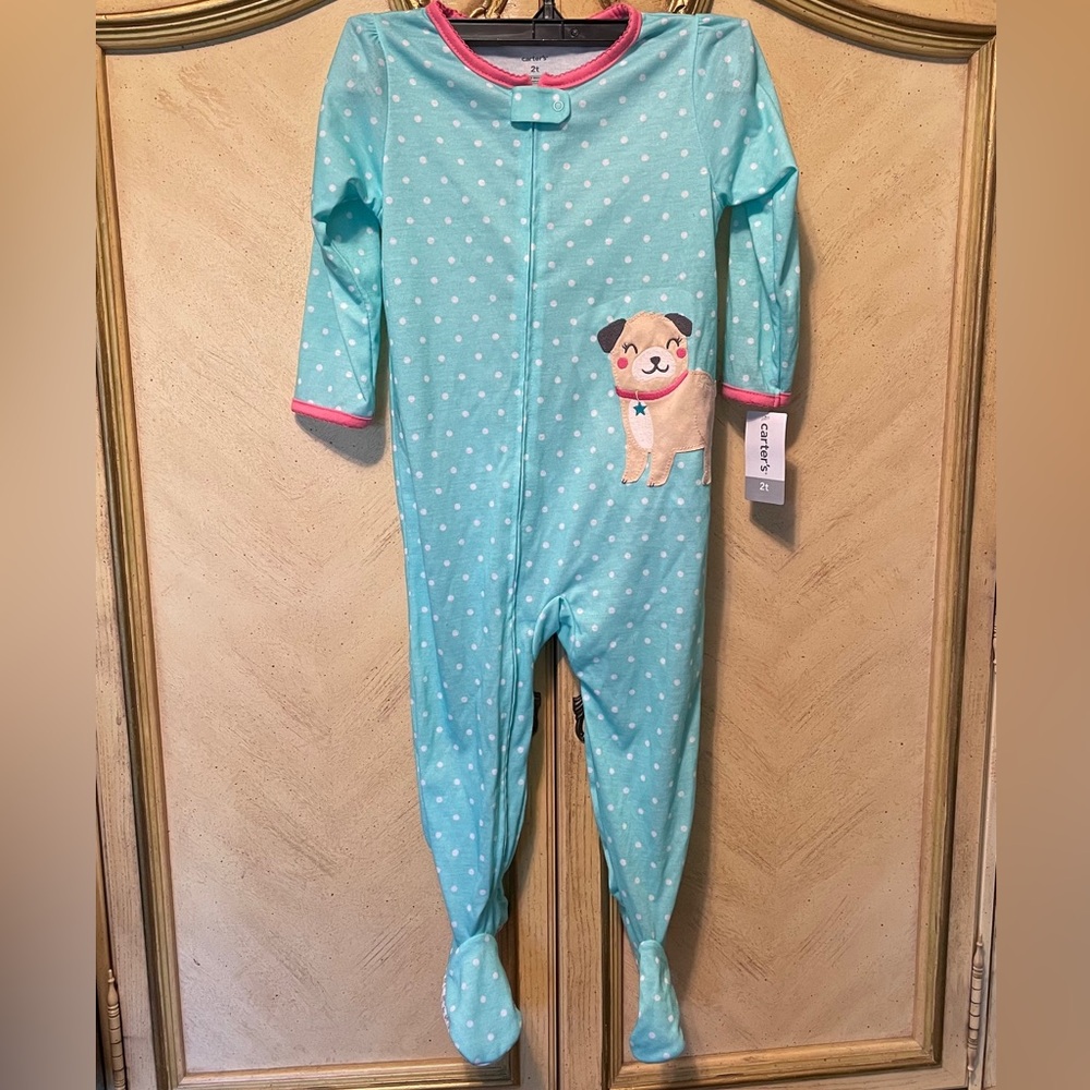 Carters 2T Aqua Blue Pink White Polka Dot One Piece Footed Pajama Pug Puppy NWT